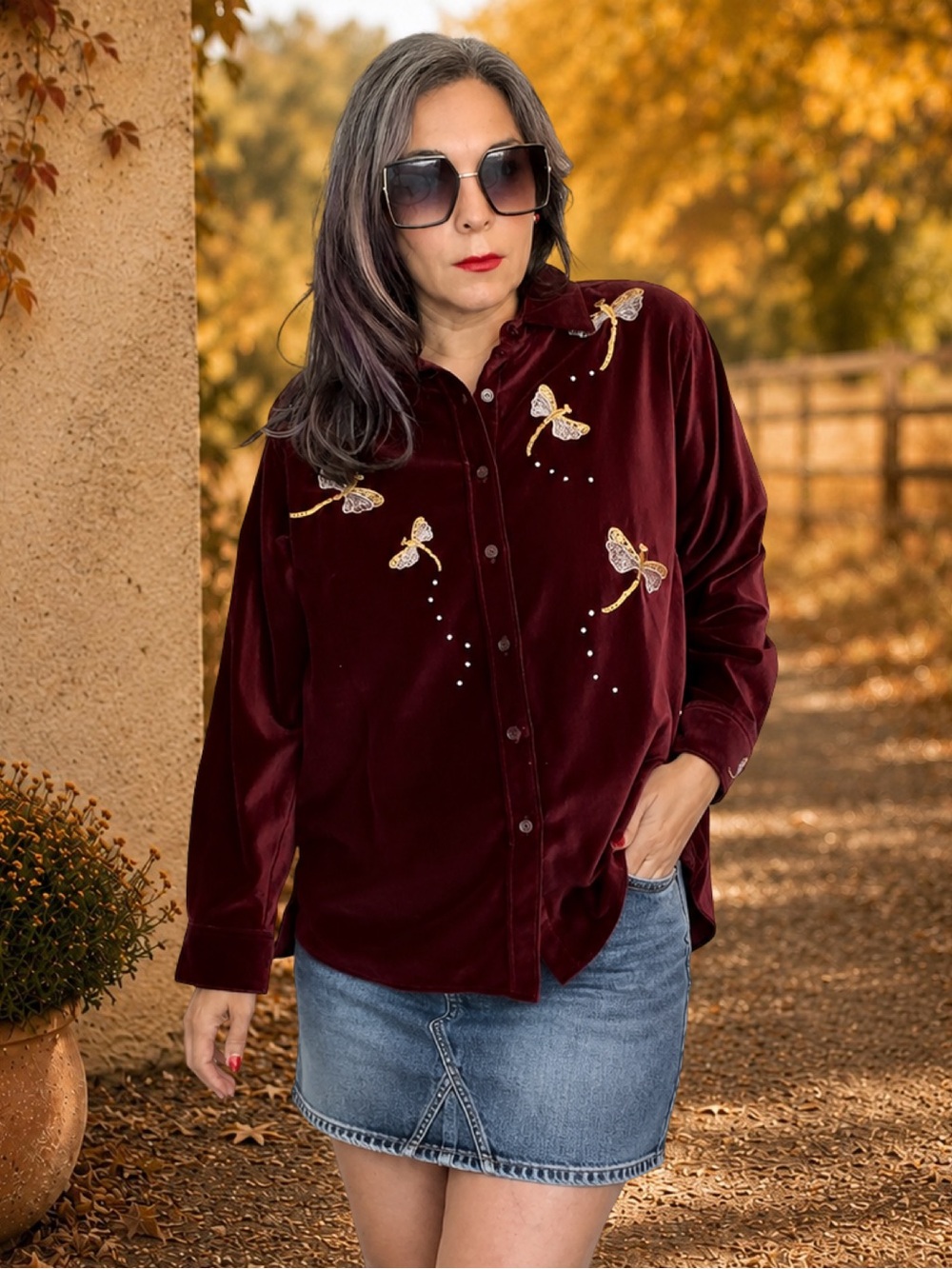 Vintage Quacker Factory Burgundy Velour Dragonfly Embroidered Blouse L